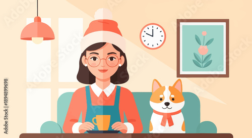 A woman and a dog enjoy a warm drink in a cozy room