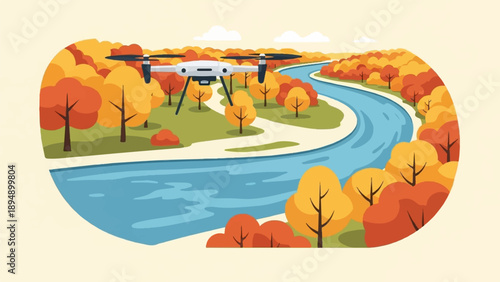 Aerial view of drone flying over autumn river valley with colorful trees