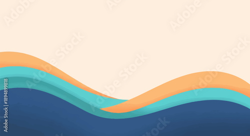 Abstract flowing waves of orange, teal, and blue against a pale cream background