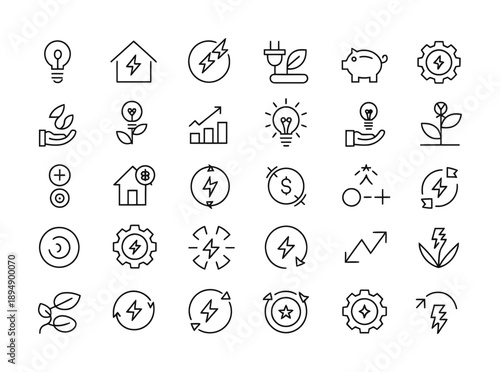 Vector icons depicting sustainable energy, finance and growth technologies in clean design