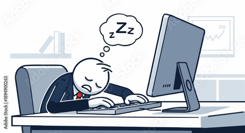 Tired Businessman Sleeping at Desk with Computer.