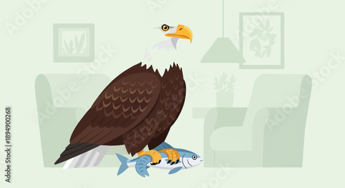 An eagle with fish stands on a couch in a room with decor
