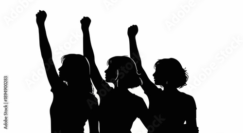 Three women silhouettes raise fists in solidarity.