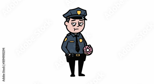 Tired Cartoon Police Officer Holding Donut.