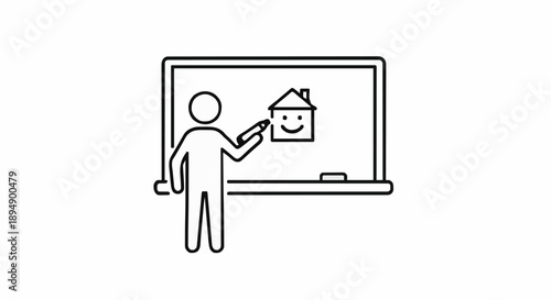 Teacher drawing happy house on whiteboard education concept.