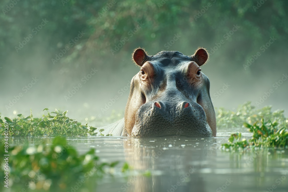 Fototapeta premium A hippopotamus emerges from the water.
