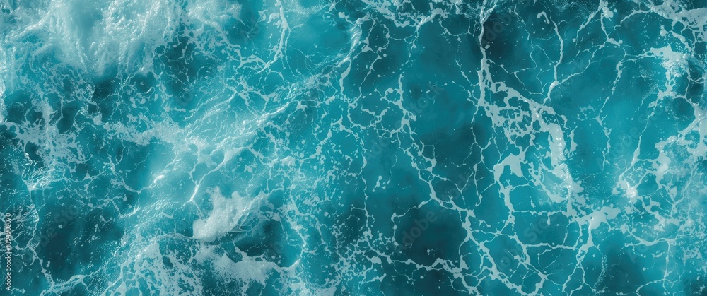 Fototapeta premium Top view of sea surface texture showing stunning water with foam, perfect for covers, packaging, posters, textures, cards, art, and design projects. Creative nature background image.