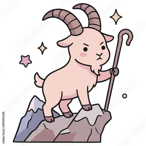 Cute Capricorn Goat on Mountain Peak with Staff - Kawaii Chibi Earth Sign Mascot Vector