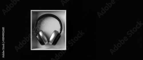 Drawing of black and silver headphones inside a white and black box against a black backdrop