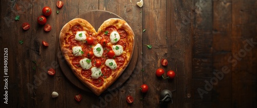 Romantic Valentine's Day pizza in heart shape topped with pepperoni, tomatoes, mozzarella, garlic, and parsley on vintage wooden table