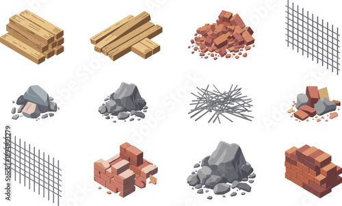 Construction materials vector collection with wood planks bricks stones concrete rubble metal mesh building resources illustration isolated