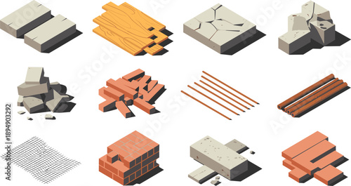 Construction materials vector set with wood planks bricks concrete slabs rebar rubble metal mesh building resources illustration isolated