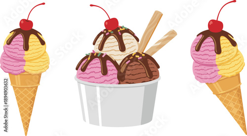 Ice cream dessert vector set with waffle cones cup chocolate topping cherries sweet frozen food illustration isolated white background