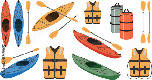 Kayak and canoe equipment vector set with paddles life jackets barrels outdoor water sport illustration isolated white background