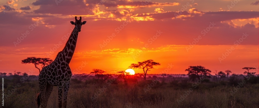 Obraz premium Beautiful sunset and sunrise. Panorama silhouette of giraffe in Africa at sunset. Focus on details