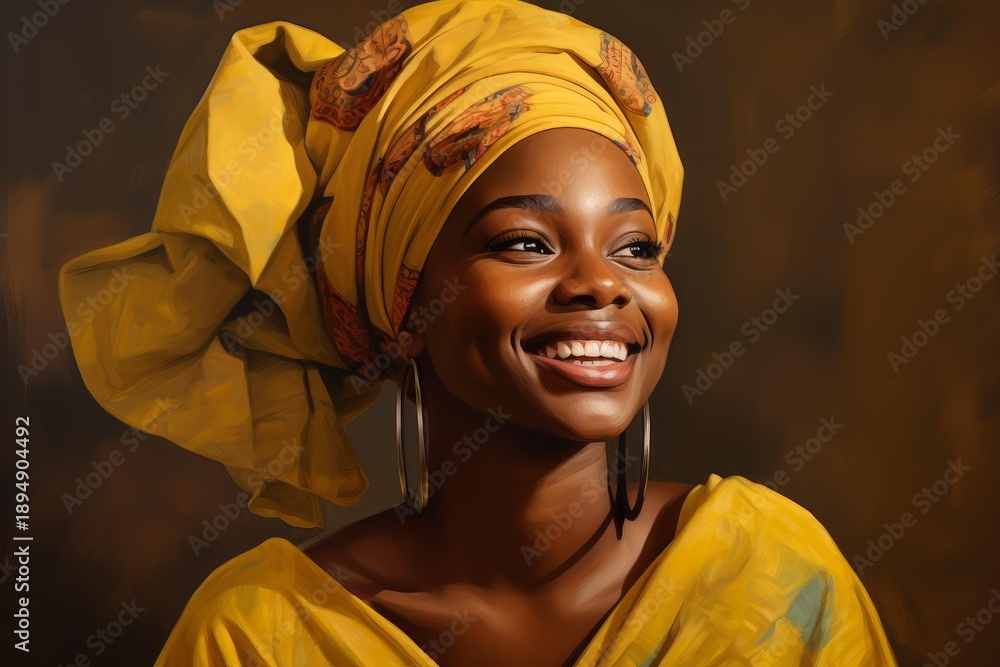custom made wallpaper toronto digitalSmiling african woman in a vibrant yellow headwrap and traditional attire, looking positive