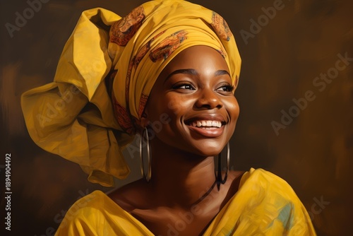 Wallpaper Mural Smiling african woman in a vibrant yellow headwrap and traditional attire, looking positive Torontodigital.ca
