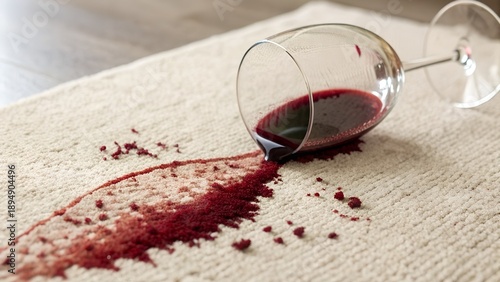  clear wine glass, lying on its side, has spilled a significant amount of dark red wine onto a light-colored