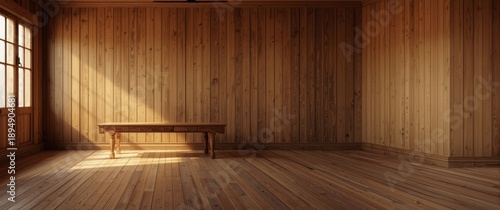 Background with wooden room perspective, suitable for product display or presentation, including wooden floor and wall