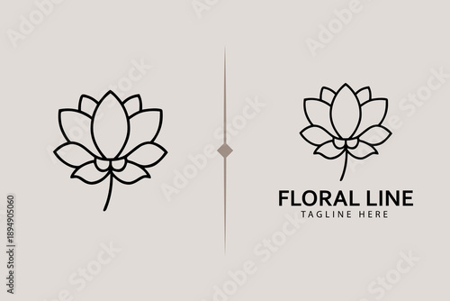 Minimalist lotus floral line logo template for meditation center and wellness branding logo