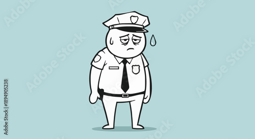 Tired Cartoon Police Officer Sweating Exhausted Uniform.