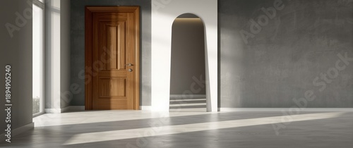 Gray and white entryway accented by a wooden door and mirror