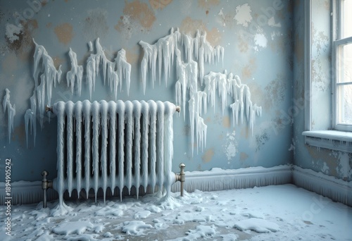 Cold interior with frozen heating system and icy walls near window