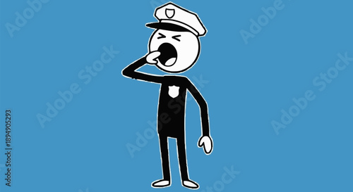 Tired Cartoon Police Officer Yawning Widely.