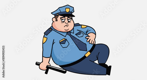 Tired Overweight Police Officer Sitting Down Holding Baton.