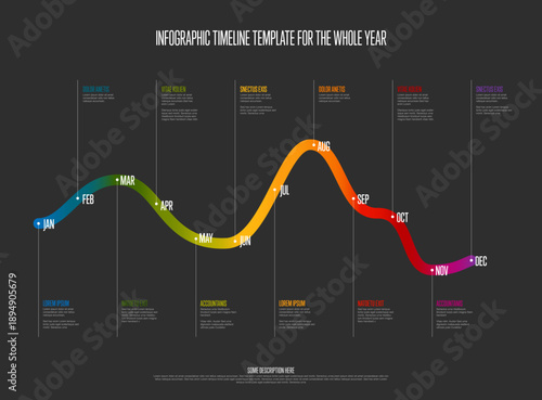 An infographic timeline template displaying twelve months on a dark background. This infographic timeline uses a colorful wave to present a yearly timeline for business planning.