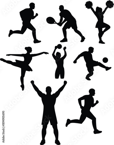 This collection of sports silhouettes showcases various athletic activities, including running, dancing, basketball, cheerleading, and soccer. The diverse range of figures highlights movement, energy,