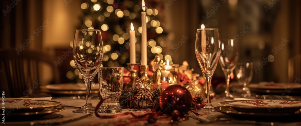 Fototapeta premium Holiday decor - candlelit table setting with glasses