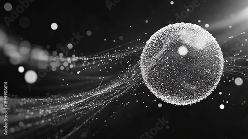 A futuristic illustration of a glowing sphere with sparkling particles and lines emanating from it in a dark space