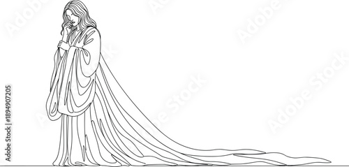 Jesus Christ Praying Line Art Illustration with Flowing Robe Christian Vector