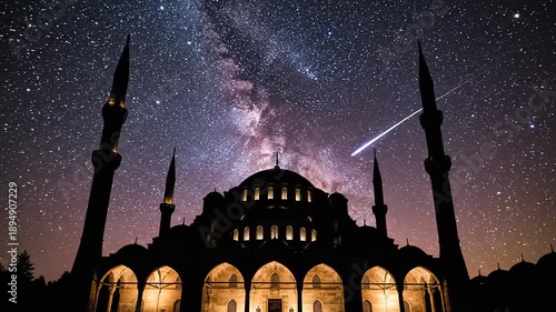 Mosque Silhouette Under Starry Night Sky.