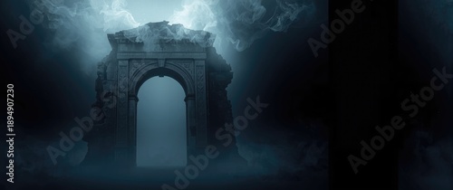 CGI concept art of ruins featuring arch and smoke in a dark setting - Afterlife theme