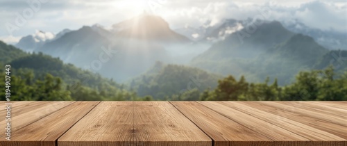 Panel kuchenny z motywem Empty wooden table showcasing a mountain display