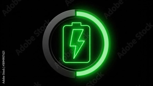 Neon battery charging animation on black background digital energy