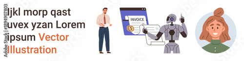 Business solutions, automation, finance, human resources, technology, communication. Businessman standing, robotic automation with an invoice woman portrait. Automation and technology concept