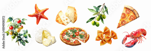 Mediterranean food illustration with watercolor lemons, pizza, and Italian cuisine elements. Summer pattern featuring tomatoes, seafood, and authentic food flavors in vector design. 