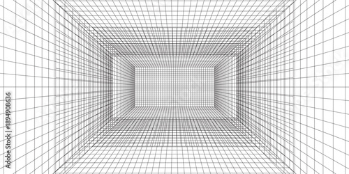 Empty futuristic digital box room white background with black grid space line color surface. Network cyber technology. banner, cover, terrain, sci-fi, wireframe, and related to background.