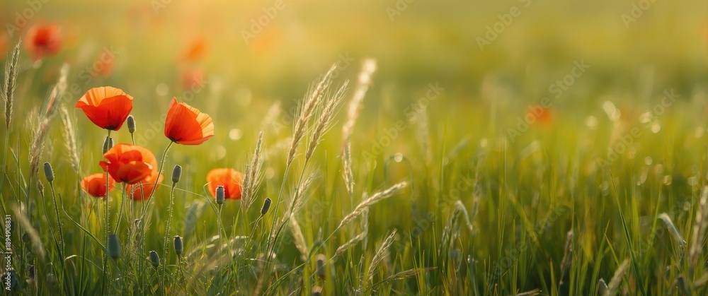 Fototapeta premium Springtime field filled with blooming red poppies in full flower