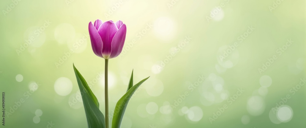 Obraz premium Soft green background with a purple tulip