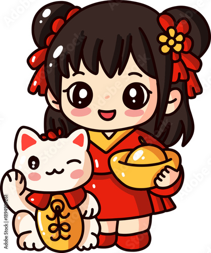 Cute Chinese New Year Girl with Lucky Cat Illustration