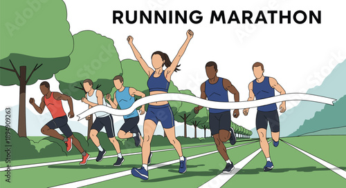 Group of diverse marathon runners racing on a track with a woman athlete crossing the finish line tape joyfully.