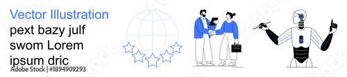Business meetings, digital communication, artificial intelligence, global relations, customer reviews, future technology. A handshake, a globe with stars and a robot. Business meetings and digital