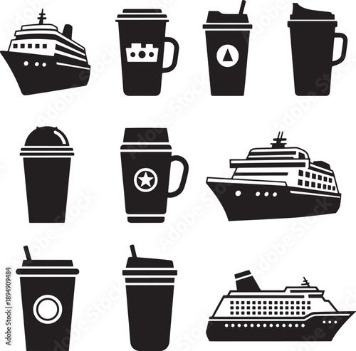Minimalist Black Cruise Ship Travel Mug Set Vector Icon Collection for Design