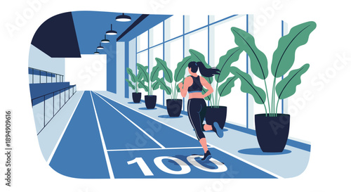 Young woman athlete running on an indoor blue 100-meter track with large green plants and bright windows in a modern sports center.