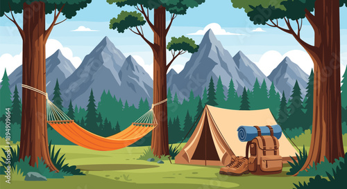 Relaxing mountain camping site featuring an orange hammock strung between trees and a beige tent for an outdoor adventure.