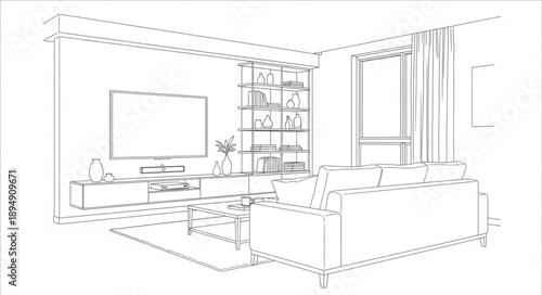 Interior design sketch of a modern living room with furniture.